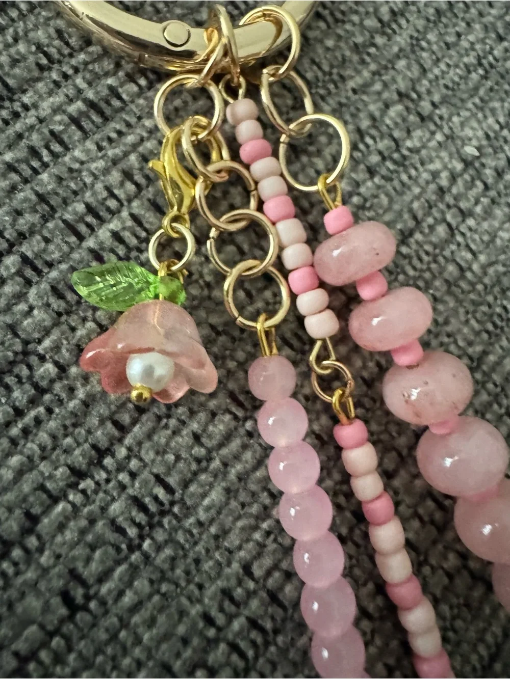 Pink & Gold Tone Hand Crafted Beaded Bag Charm Keychain with Flower Charm